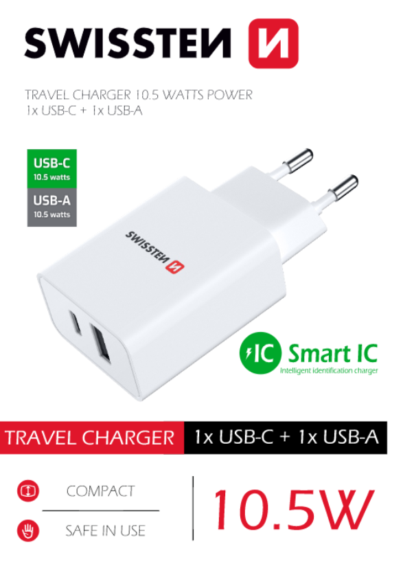 SWISSTEN ΔΙΠΛΟΣ ΦΟΡΤΙΣΤΗΣ 10.5W USB-C & USB-A
