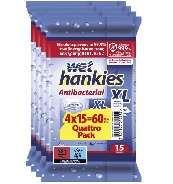 WET HANKIES Antibacterial Αλκοολούχα Μαντήλια classic 4x15τεμ