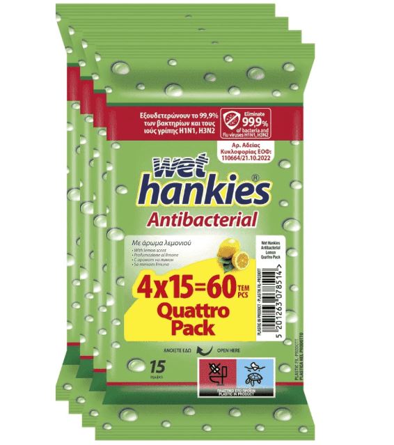 WET HANKIES Antibacterial Αλκοολούχα Μαντήλια Λεμόνι 4x15τεμ