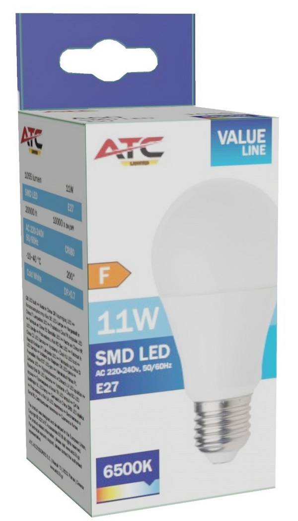 ATC Λάμπα LED 11W 110mm για Ντουί E27 και Σχήμα A60 Ψυχρό Λευκό 1055lm Dimmable